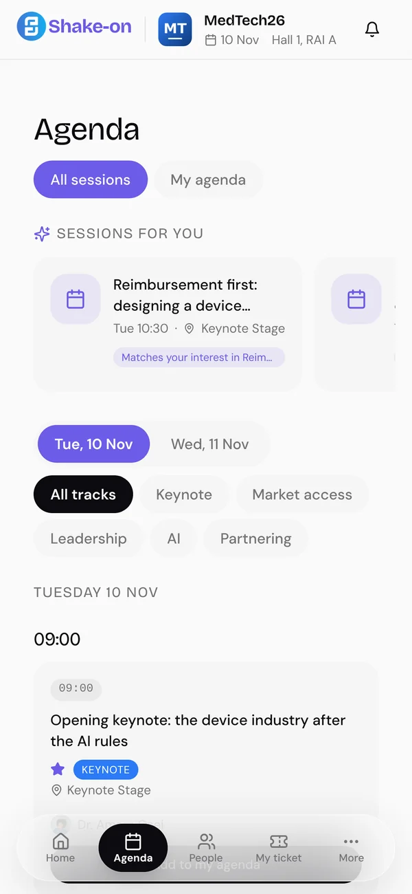 Event app agenda with sessions picked for the guest