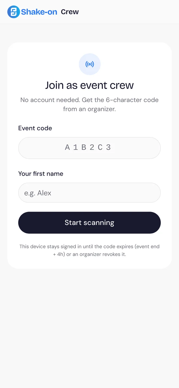 Join as event crew: enter the event code and your first name, then start scanning