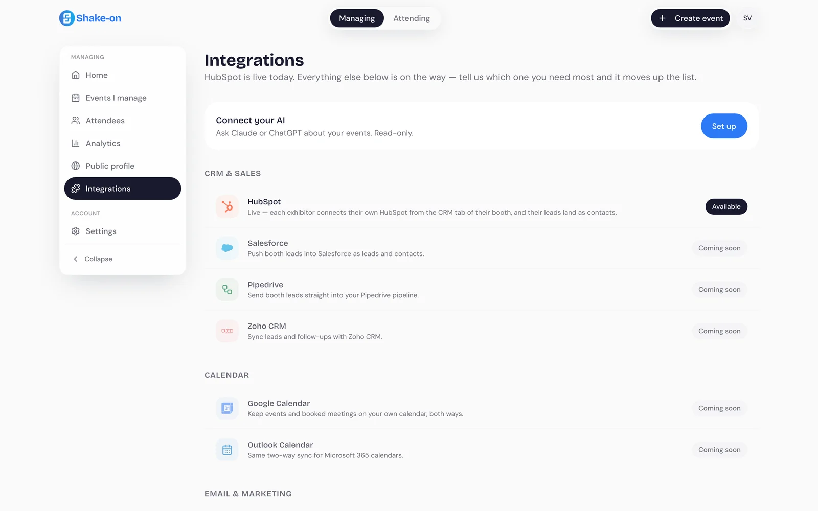 Integrations: Connect your AI, HubSpot available, more CRMs and calendars coming soon