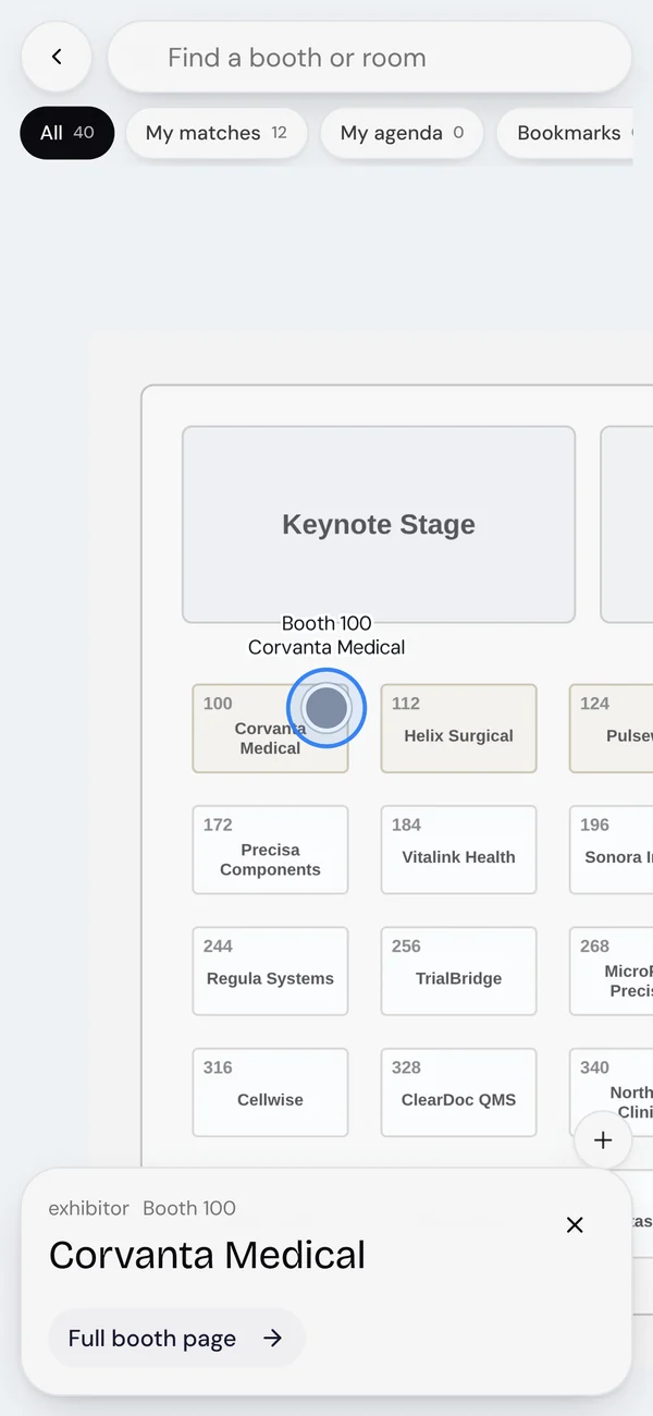 The floor plan on a phone with Corvanta Medical at Booth 100 selected