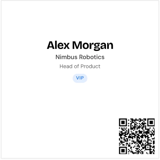 A printed badge preview with name, company, role and QR code