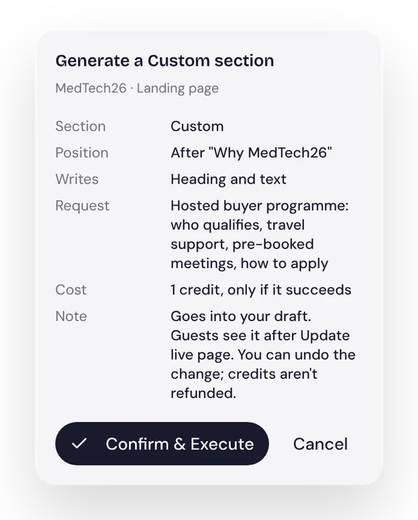 Copilot proposal: generate a custom section, with what it writes and what it costs