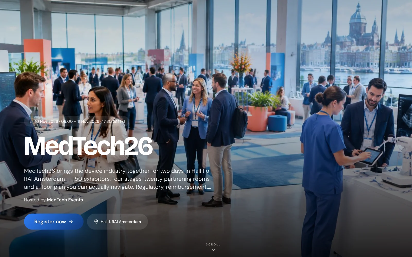 A published event page for MedTech26 with a Register now button
