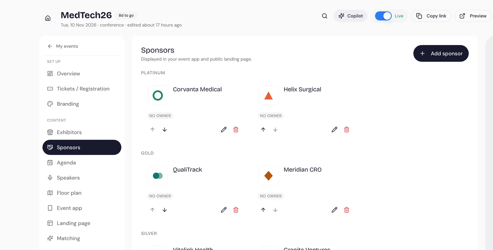 Sponsors tab with Platinum, Gold and Silver partners