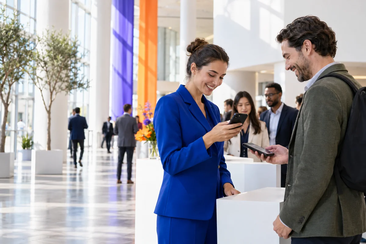 An event host welcoming a guest and scanning their ticket at a bright conference venue