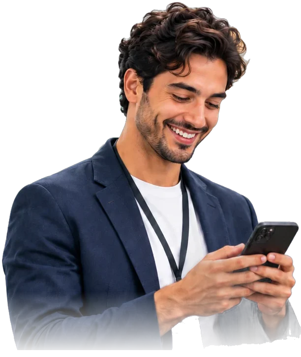 An event attendee wearing a conference badge and using a smartphone