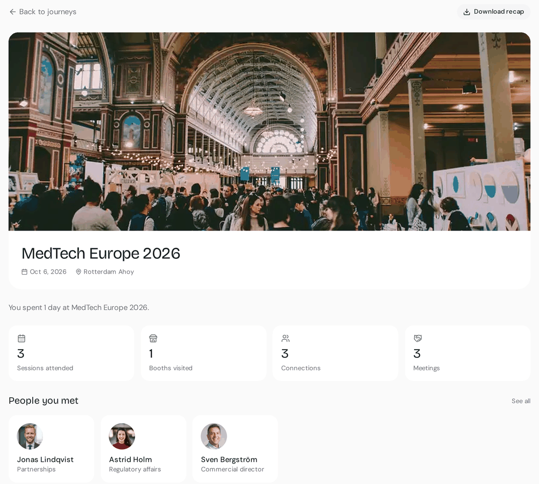 Shake-on personal event recap with connections, meeting outcomes and follow-up opportunities